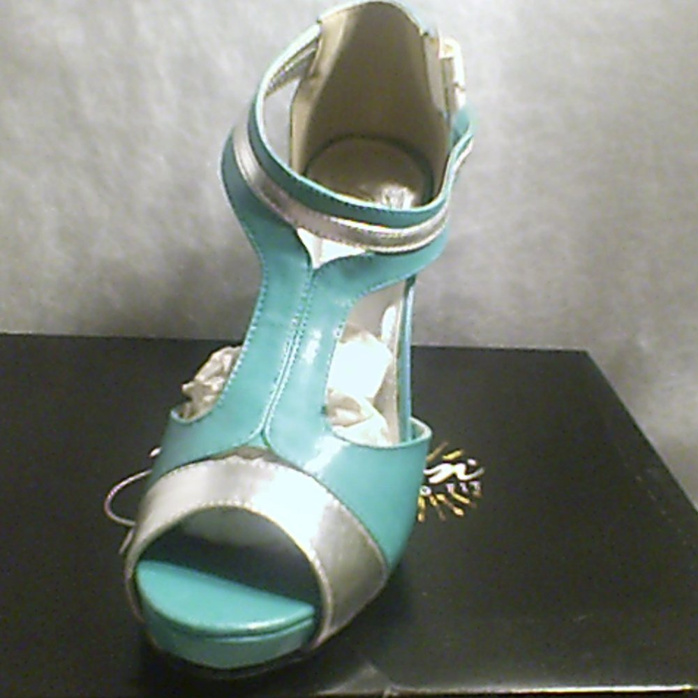 TEAL & SILVER T STRAP HEEL